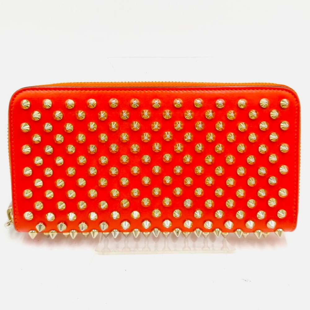 CHRISTIAN LOUBOUTIN Calfskin Empire Panettone Spiked Zippy Wallet  Orange - Auth